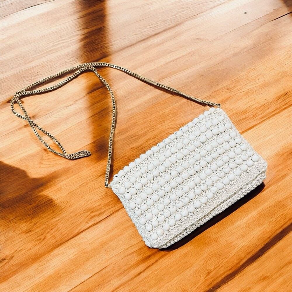 Anthropologie Cream Beaded Crossbody with Gold Chain Strap